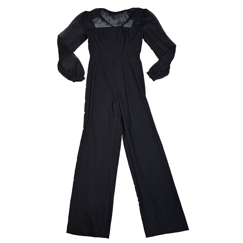 Finders Keepers Women's Sz S Black Mesh Aceent Long Sleeve Straight Leg Jumpsuit